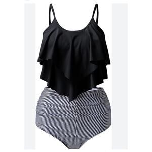 Tankini Swimsuit Ruffled Tank Tummy Control Black Striped Modest Swimwear XXXL